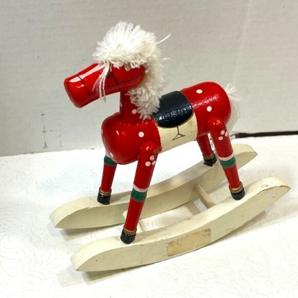 VTG Wooden Red Rocking Horse Christmas Decoration Toy Hand Painted 6.75"x6.5" - Picture 1 of 13